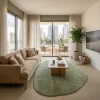 שטיח FLOW אמורפי דגם ZEN 02 OLIVE, Scandi Neutrals, Flat Cloudy Sky, lifestyle props.