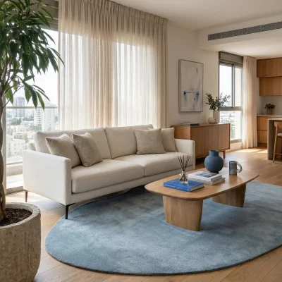 שטיח FLOW אמורפי דגם ZEN 02 SKY, Sophisticated Israeli apartment living room in a high-rise building, lifestyle props, Sop...