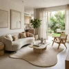 שטיח FLOW אמורפי דגם ZEN 01 SAND, Israeli Garden Apartment, lifestyle props, Soft, sunny daylight filtering through large ...