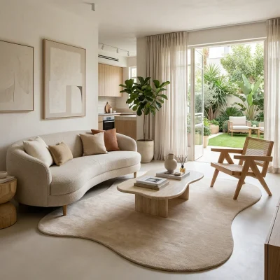 שטיח FLOW אמורפי דגם ZEN 01 SAND, Israeli Garden Apartment, lifestyle props, Soft, sunny daylight filtering through large ...