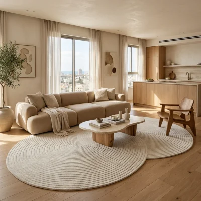 שטיח FLOW אמורפי דגם אינפיניטי 7712, High-floor Israeli apartment living room, Quiet Luxury (Mocha & Espresso), lifestyle ...