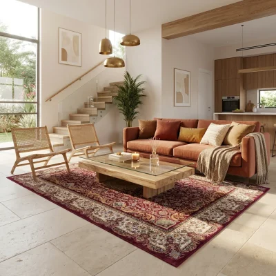 שטיח קלאסי בורדו 686 SALE, Earthy Organic, lifestyle props, Dreamy Morning Glow.
