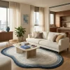 שטיח FLOW אמורפי דגם AQUA 7715, Sophisticated Israeli apartment living room in a high-rise building, lifestyle props, Soph...