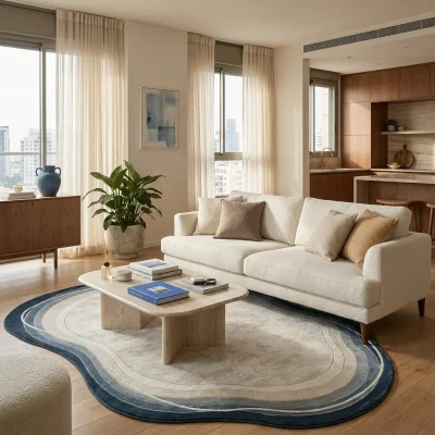 שטיח FLOW אמורפי דגם AQUA 7715, Sophisticated Israeli apartment living room in a high-rise building, lifestyle props, Soph...