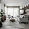 שטיח FLOW אמורפי דגם ZEN 01 GREY, lifestyle props, Soft Window Light, Contemporary Israeli Lived-in Elegance.