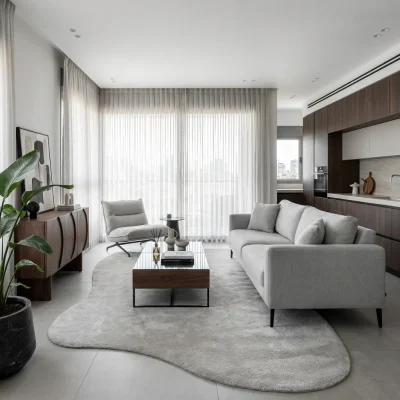 שטיח FLOW אמורפי דגם ZEN 01 GREY, lifestyle props, Soft Window Light, Contemporary Israeli Lived-in Elegance.