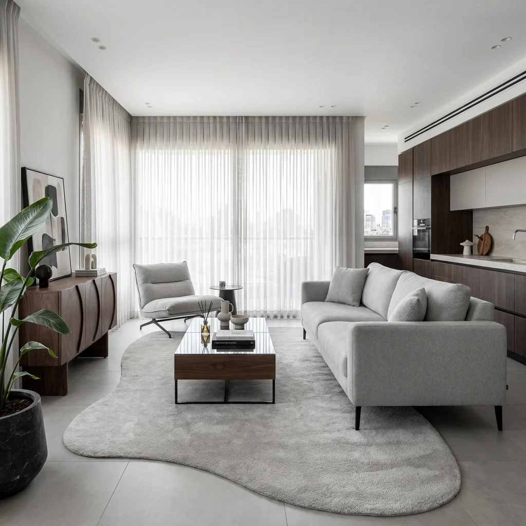 שטיח FLOW אמורפי דגם ZEN 01 GREY, lifestyle props, Soft Window Light, Contemporary Israeli Lived-in Elegance.