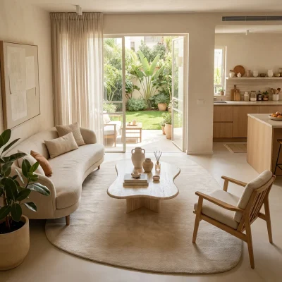 שטיח FLOW אמורפי דגם ZEN 03 D.STONE, Israeli Garden Apartment, lifestyle props, Soft, sunny daylight filtering through lar...