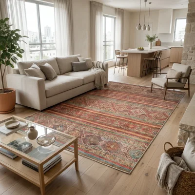 שטיח אנטיק 05 מולטי, Scandi Neutrals, lifestyle props, Soft Window Light.
