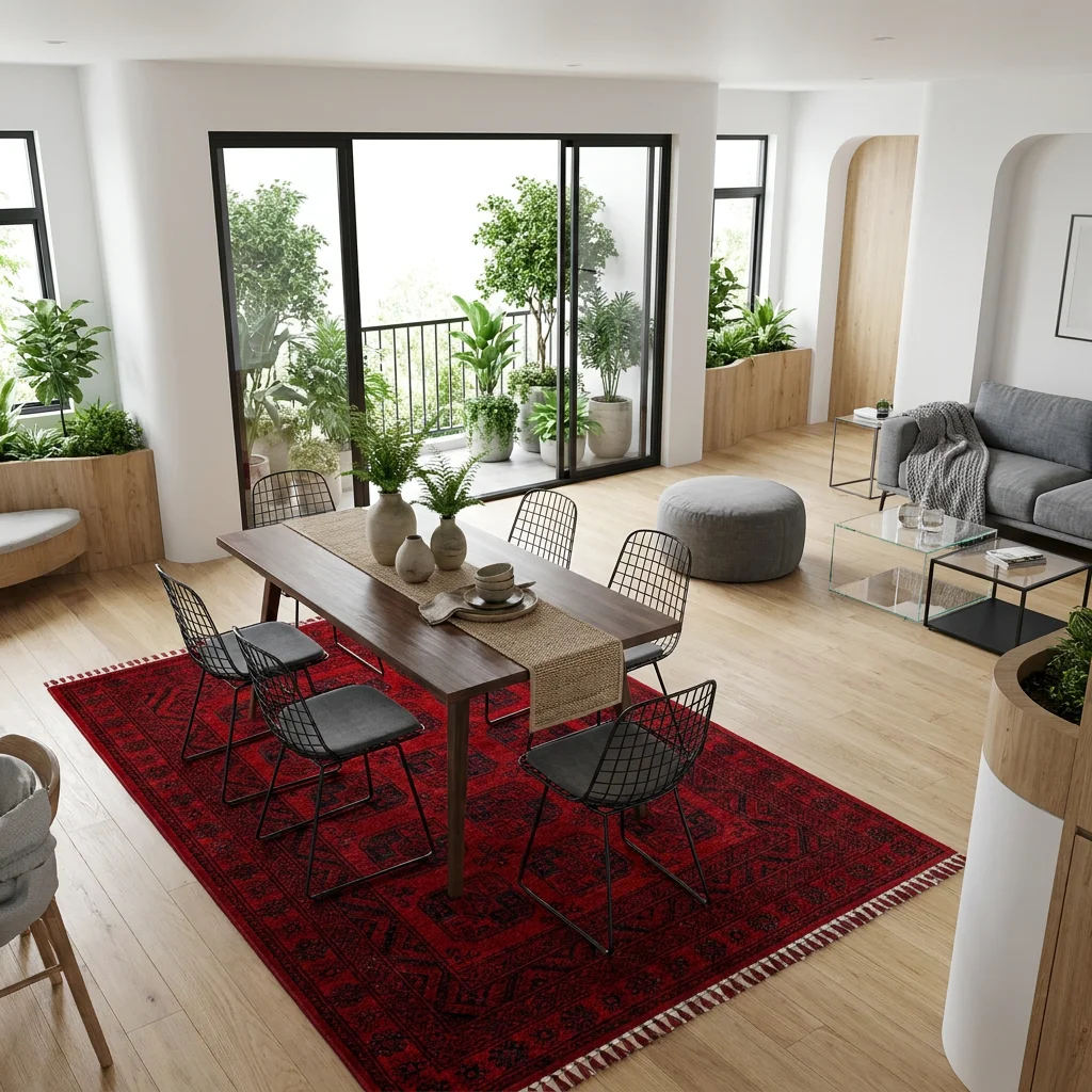 שטיח בוכרי BHR 01 עבודת מכונה, Contemporary Blue and Wood, Natural Daylight, styled props.
