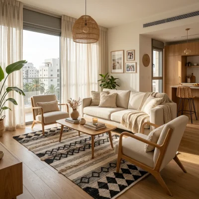 SALE שטיח באריגה משולבת שחור לבן - RU 43, Modern Israeli Apartment Living Room, mid-to-high floor, lifestyle props, Soft w...