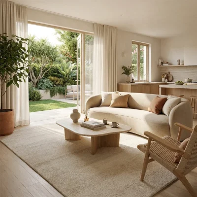 שטיח קומפורט COMFORT אלסקה, Quiet Luxury (Mocha & Espresso), lifestyle props, Contemporary Mediterranean, Soft Window Light.
