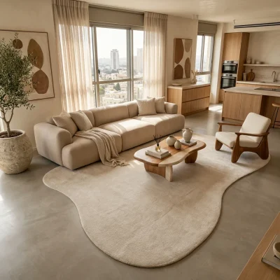 שטיח FLOW אמורפי דגם ZEN 01 L.STONE, High-floor Israeli apartment living room, Quiet Luxury (Mocha & Espresso), lifestyle ...