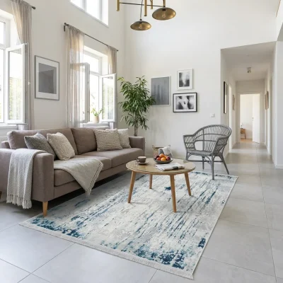 שטיח מודרני אבסטרקט כחול 8757 SALE, Contemporary Israeli-style living room with high ceilings, Contemporary Israeli Eclect...