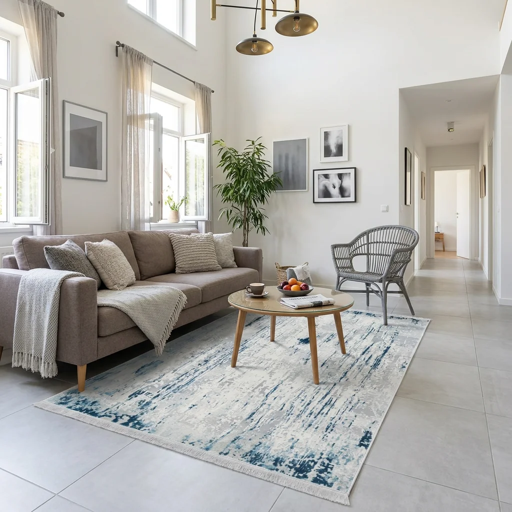 שטיח מודרני אבסטרקט כחול 8757 SALE, Contemporary Israeli-style living room with high ceilings, Contemporary Israeli Eclect...