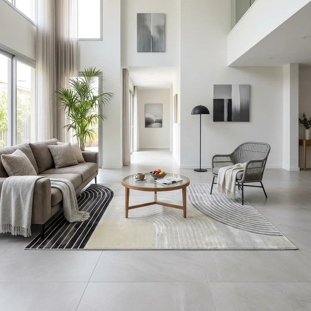 שטיח אלמנט 3004 SALE, Contemporary Israeli-style living room with high ceilings, Contemporary Israeli Eclectic Boho Real E...