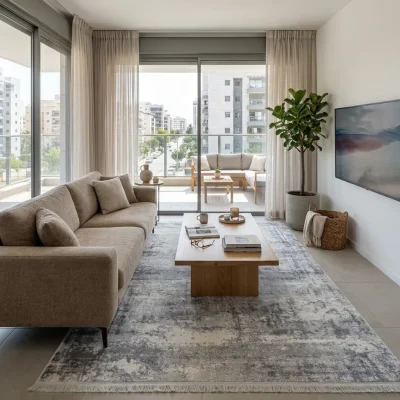 שטיח אבסטרקט אפור 8756 SALE, Scandi Neutrals, Flat Cloudy Sky, lifestyle props.