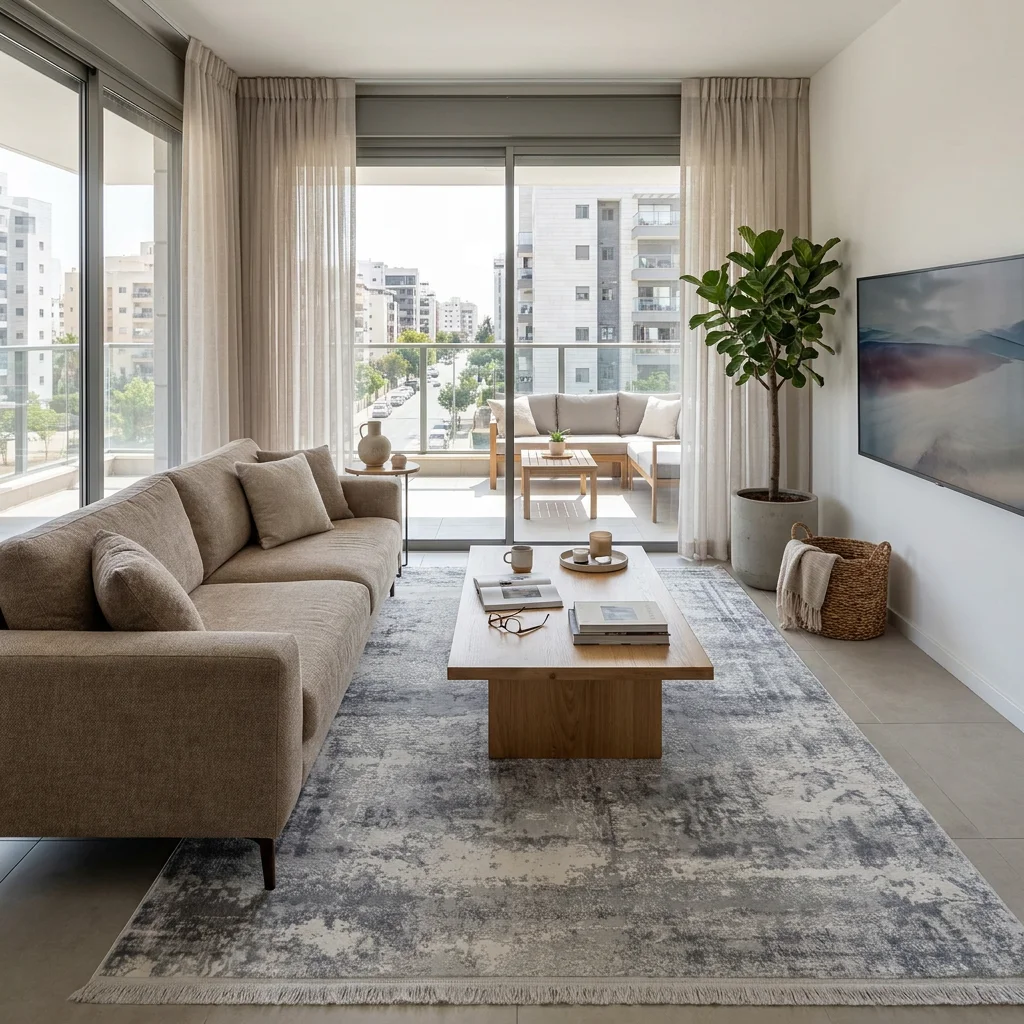 שטיח אבסטרקט אפור 8756 SALE, Scandi Neutrals, Flat Cloudy Sky, lifestyle props.
