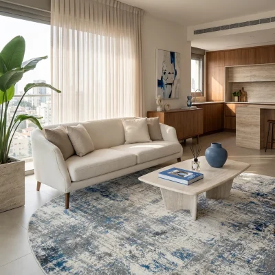 שטיח FLOW אמורפי דגם לגוס 09-1, Sophisticated Israeli apartment living room in a high-rise building, lifestyle props, Soph...