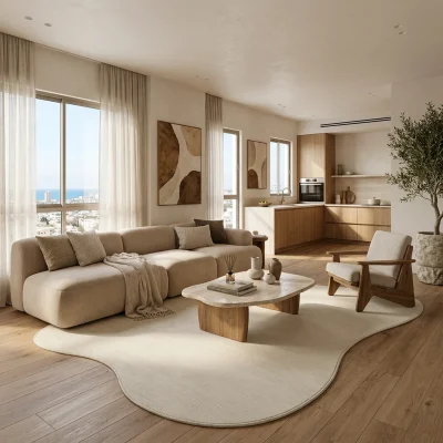 שטיח FLOW אמורפי דגם לגוס 19, High-floor Israeli apartment living room, Quiet Luxury (Mocha & Espresso), lifestyle props, ...