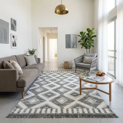 שטיח הביטאט דגם מרוקאי אפור לבן 7611 SALE, Contemporary Israeli-style living room with high ceilings, Contemporary Israeli...