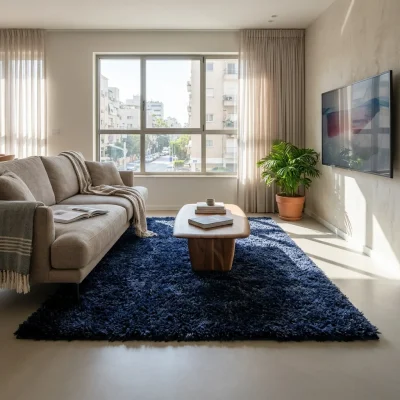 שטיח פלאפי נייבי, lifestyle props, Israeli Modern Design, Clear Sunny Day.