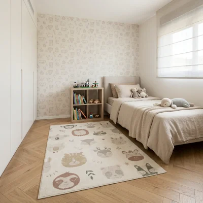 שטיח פיקולי 04, Israeli Children's Bedroom, Scandi Neutrals, lifestyle props, Soft Window Light.