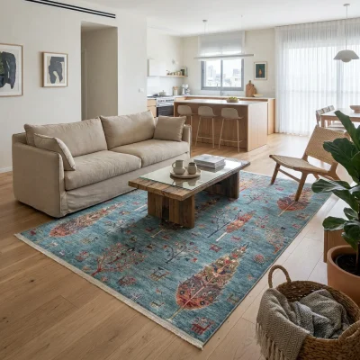 שטיח אנטיק 09 אקווה, Cool Serenity, lifestyle props, Soft Window Light.