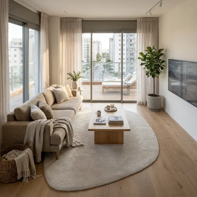 שטיח FLOW אמורפי דגם ZEN 03 L.STONE, Scandi Neutrals, Flat Cloudy Sky, lifestyle props.