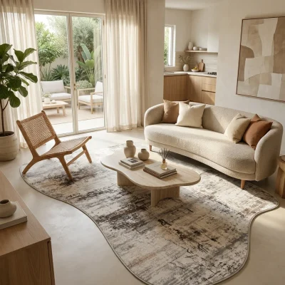 שטיח FLOW אמורפי דגם לגוס 01, Israeli Garden Apartment, lifestyle props, Soft, sunny daylight filtering through large glas...