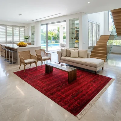 שטיח אפגן 7732 עבודת מכונה, Luxurious open-plan living room in a modern Israeli villa, featuring a huge kitchen with a mas...