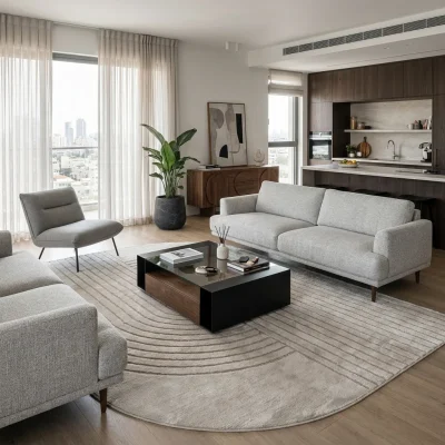 שטיח ALLOY 31042 אמורפי גרז', lifestyle props, Soft Window Light, Contemporary Israeli Lived-in Elegance.