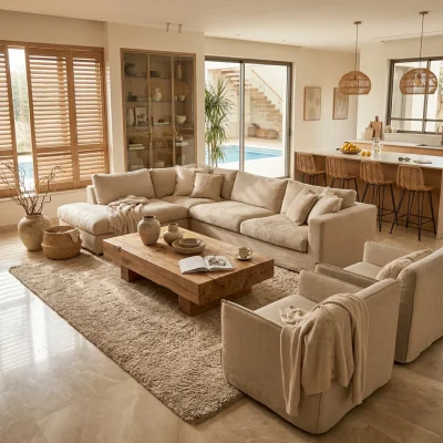 שטיח פלאפי אפור בהיר, Golden Hour (Sunwashed), excessive props, High-End Desert Lodge, Dreamy Morning Glow.