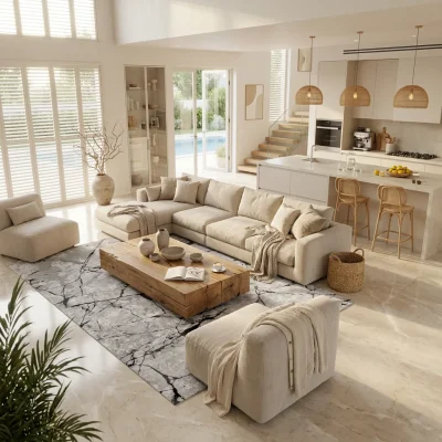 שטיח מודרני אפור 350-00 SALE, Golden Hour (Sunwashed), excessive props, High-End Desert Lodge, Dreamy Morning Glow.