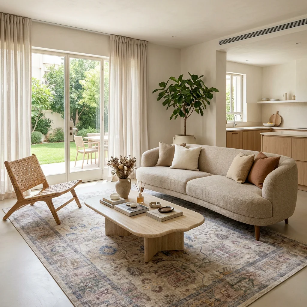 שטיח וינטג' 2089-01, Scandi Neutrals, lifestyle props, Soft Window Light.