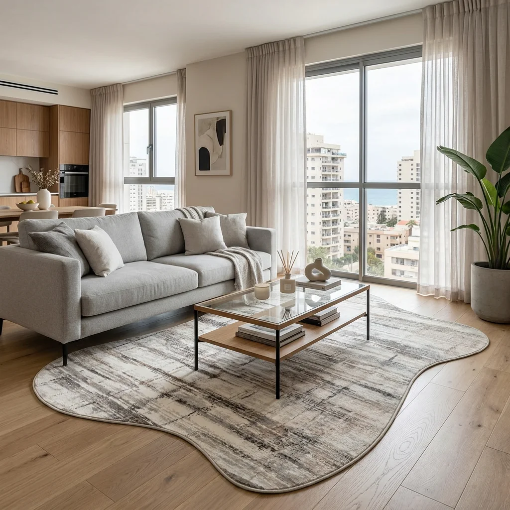 שטיח FLOW אמורפי דגם לגוס 02, Scandi Neutrals, Soft Window Light, lifestyle props.