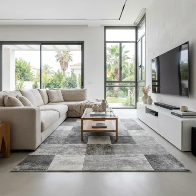 שטיח בלגי דגם בריסל 10, Modern Villa Living Room, Sharon Region, lifestyle props, Modern Israeli Villa Aesthetic, Bright C...