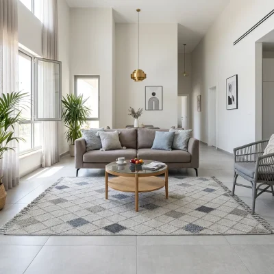 שטיח דמוי חבל מעויינים - אוטופיה 105 SALE, Contemporary Israeli-style living room with high ceilings, Contemporary Israeli...