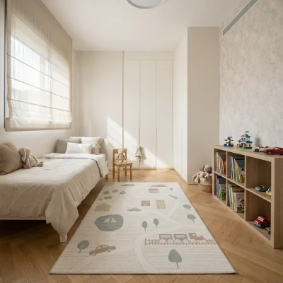 שטיח פיקולי 07, Israeli Children's Bedroom, Scandi Neutrals, lifestyle props, Soft Window Light.