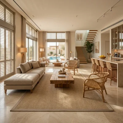שטיח בובמביי דמוי חבל סהרה בורדר, Earthy Organic, lifestyle props, High-End Natural Desert Lodge, Abundant natural light f...