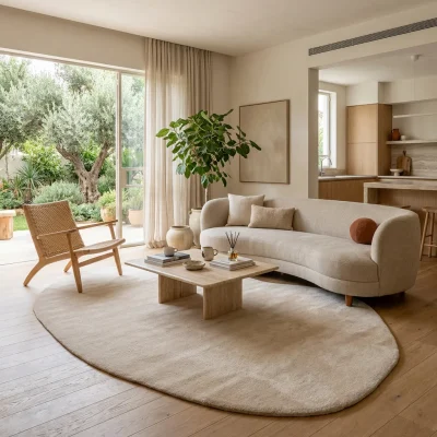 שטיח FLOW אמורפי דגם ZEN 02 SAND, Israeli Garden Apartment, lifestyle props, Soft, sunny daylight filtering through large ...