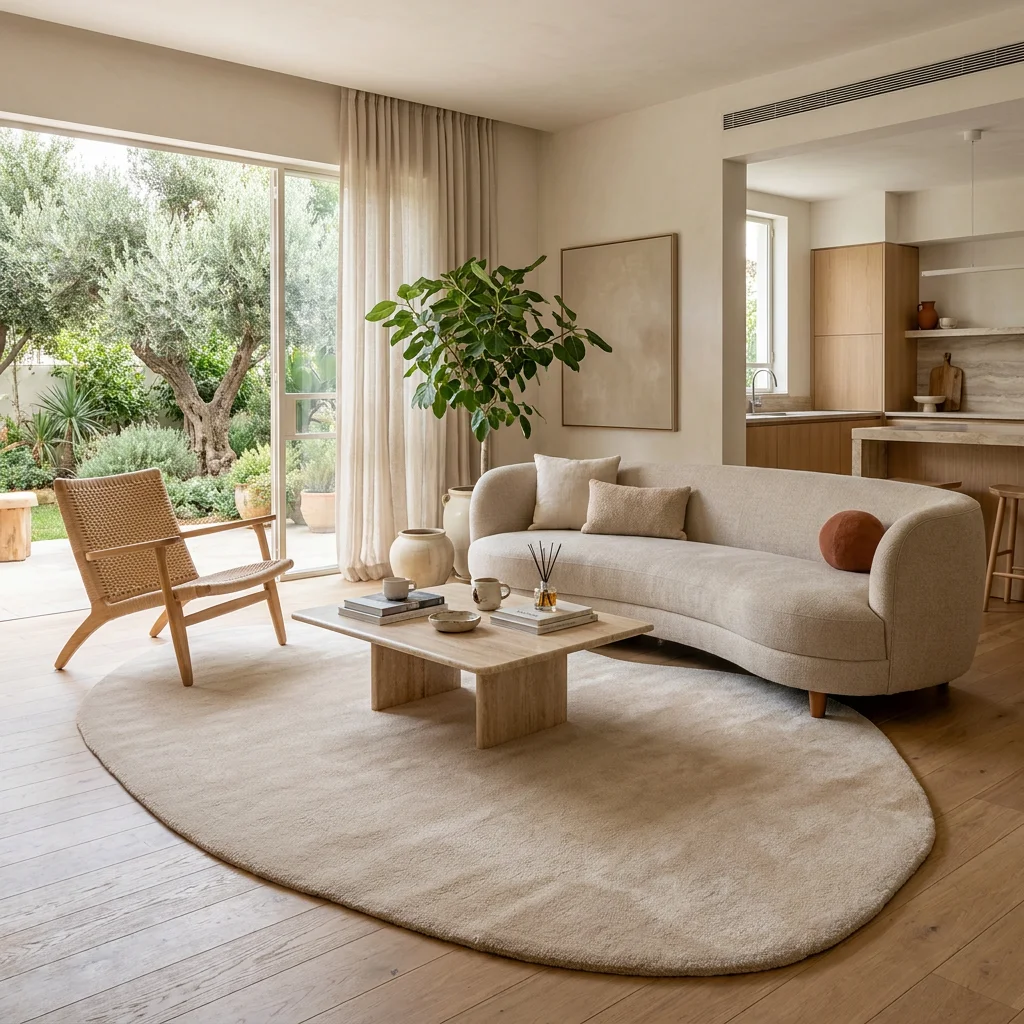 שטיח FLOW אמורפי דגם ZEN 02 SAND, Israeli Garden Apartment, lifestyle props, Soft, sunny daylight filtering through large ...