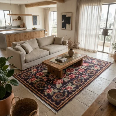 שטיח אנטיק 02 שחור פרחוני, Dark Luxury (Noir), lifestyle props, Soft Window Light.