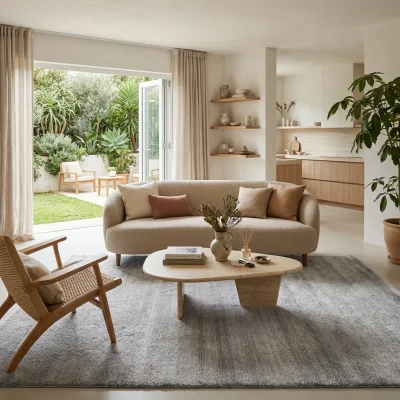 שטיח קומפורט אפור בהיר SALE, Quiet Luxury (Mocha & Espresso), lifestyle props, Contemporary Mediterranean, Soft Window Light.