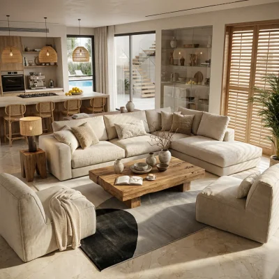 שטיח אלמנט 3003 SALE, Golden Hour (Sunwashed), excessive props, High-End Desert Lodge, Dreamy Morning Glow.