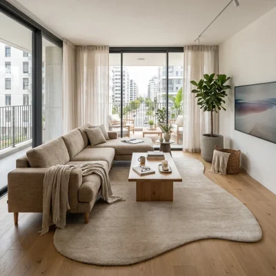 שטיח FLOW אמורפי דגם ZEN 01 D.STONE, Scandi Neutrals, Flat Cloudy Sky, lifestyle props.
