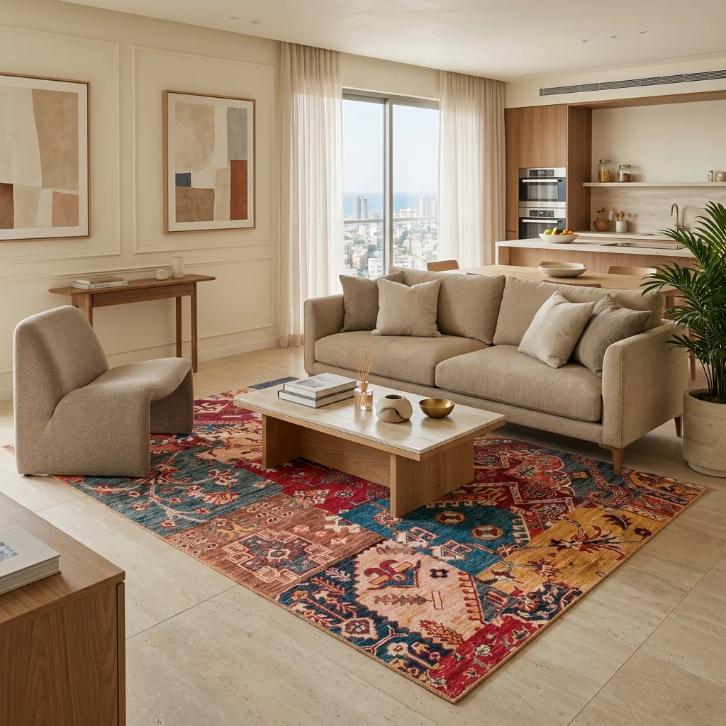 שטיח אליסטה 205 PATCHWORK, Scandi Neutrals, lifestyle props, Soft Window Light.