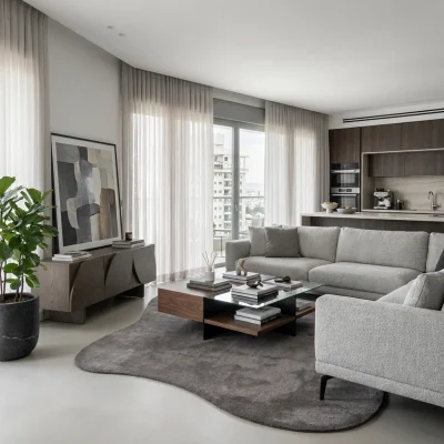 שטיח FLOW אמורפי דגם ZEN 01 ANTHRACITE, lifestyle props, Soft Window Light, Contemporary Israeli Lived-in Elegance.