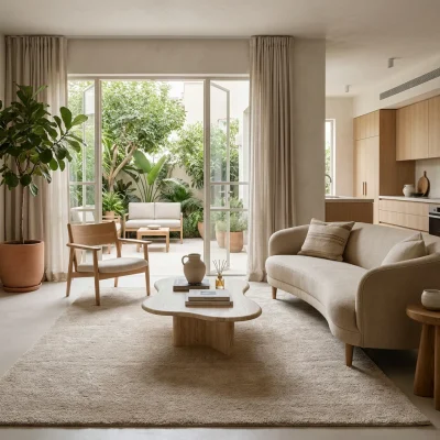 שטיח קומפורט בז', Quiet Luxury (Mocha & Espresso), lifestyle props, Contemporary Mediterranean, Soft Window Light.
