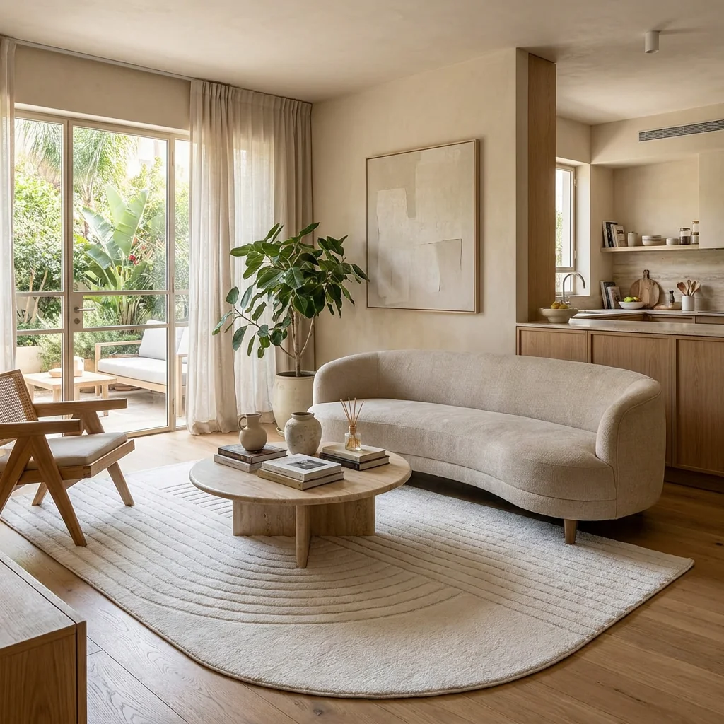 שטיח ALLOY 31042 אמורפי, Israeli Garden Apartment, lifestyle props, Soft, sunny daylight filtering through large glass doo...